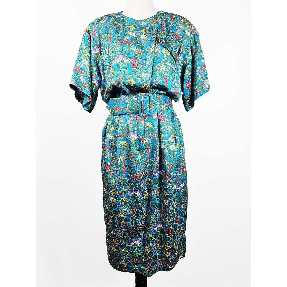 Adrianna Pappel Size 10 Vintage Silk Floral Paisley Teal Dress 80s Matching Belt